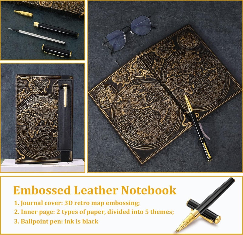 FEIDIAO Vintage Map Embossed Leather Notebook Travel Journal-Daily Notepad-Business Notebook-Drawing Notebook  Antique Handmade Lined Hardcover with a Comfortable-Holding Black Signing Pen(A5) - Image 5